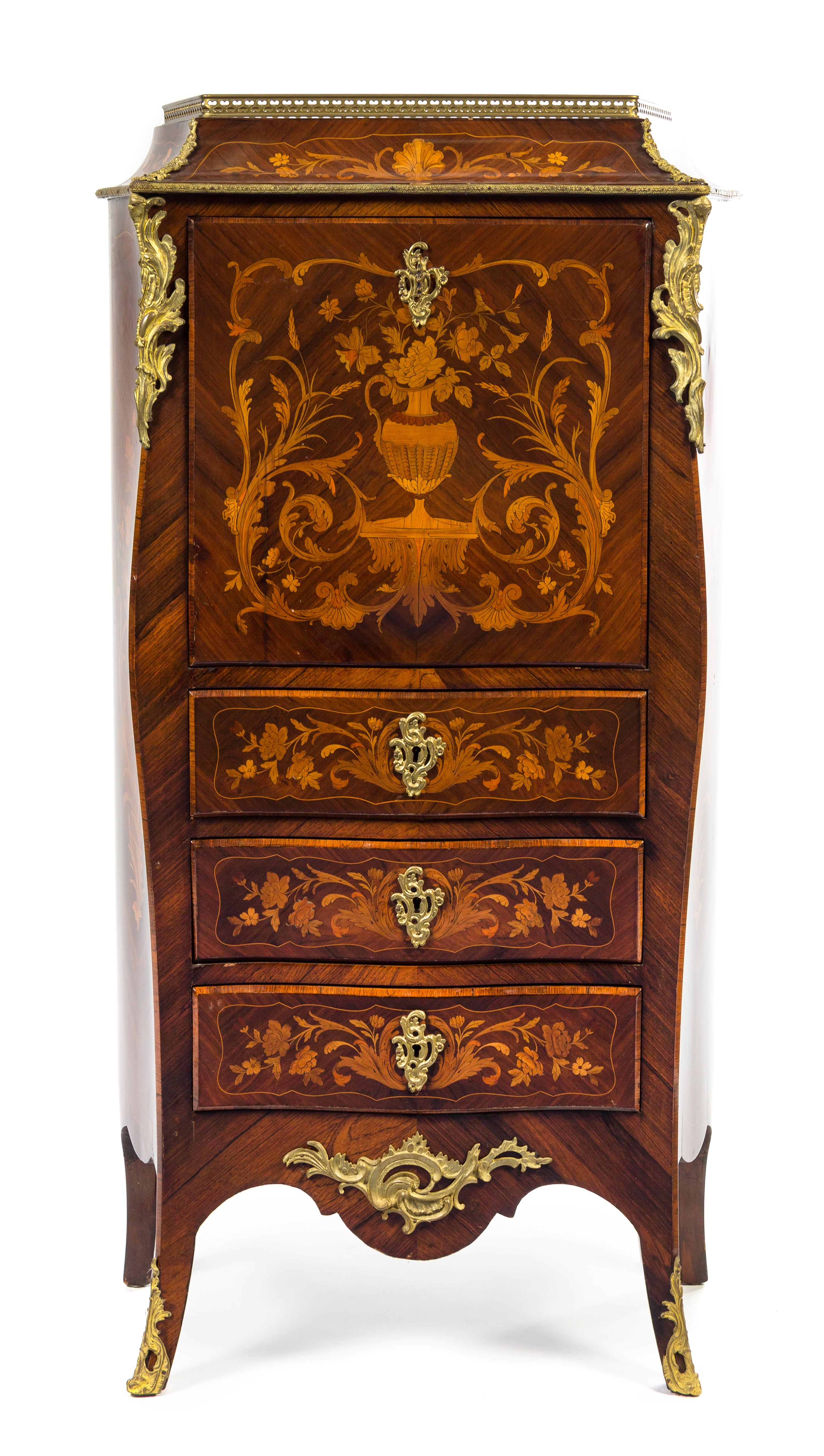 A Louis XV Style Gilt Bronze Mounted Marquetry Secretaire a Abattant Height 51 1/2 x width 27 1/4 x depth 12 inches. — LATE 19TH CENTURY