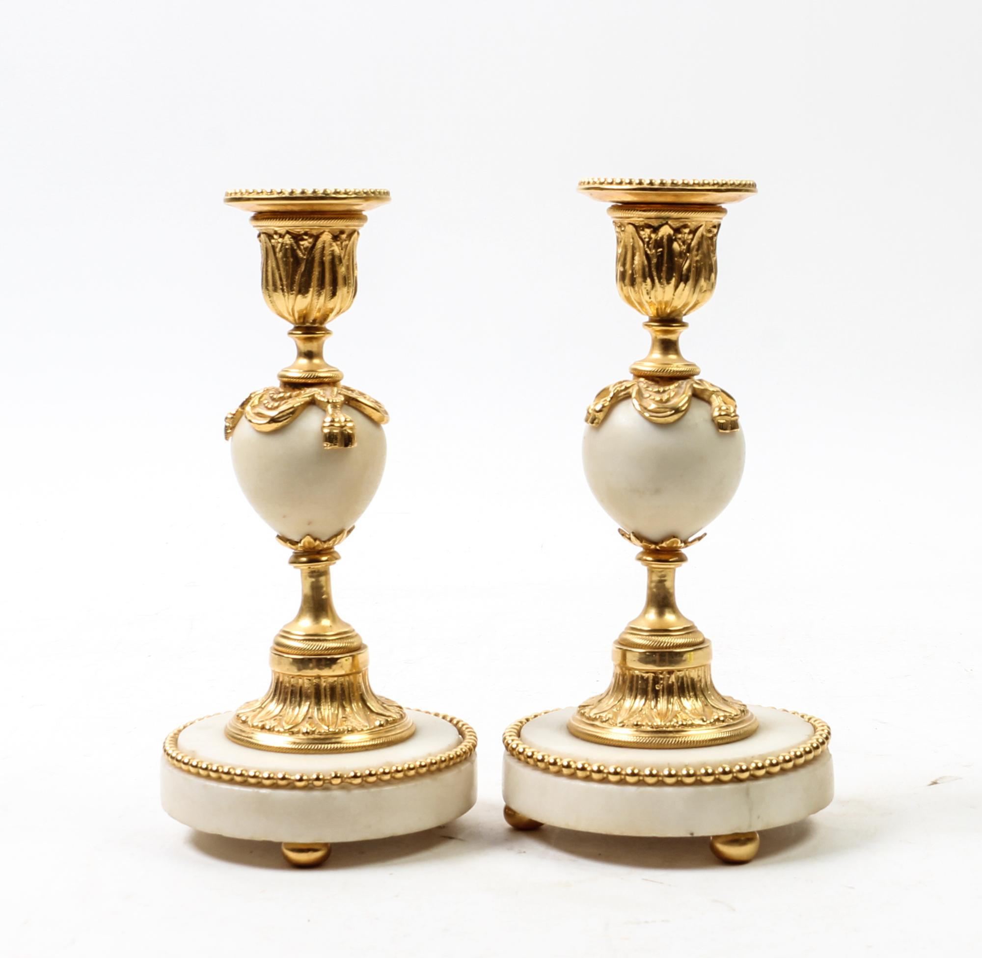 A Pair of Gilt Bronze and Marble Candlesticks — 19TH/20TH CENTURY