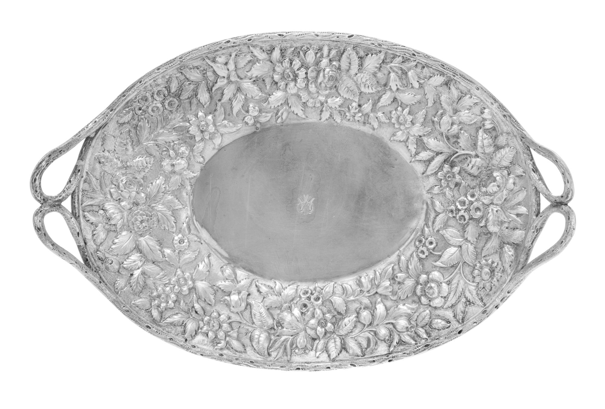An American Coin Silver Dessert Tray, S. Kirk & Son, Baltimore, MD, the rim and handles in the form of branches enclosing the repousse