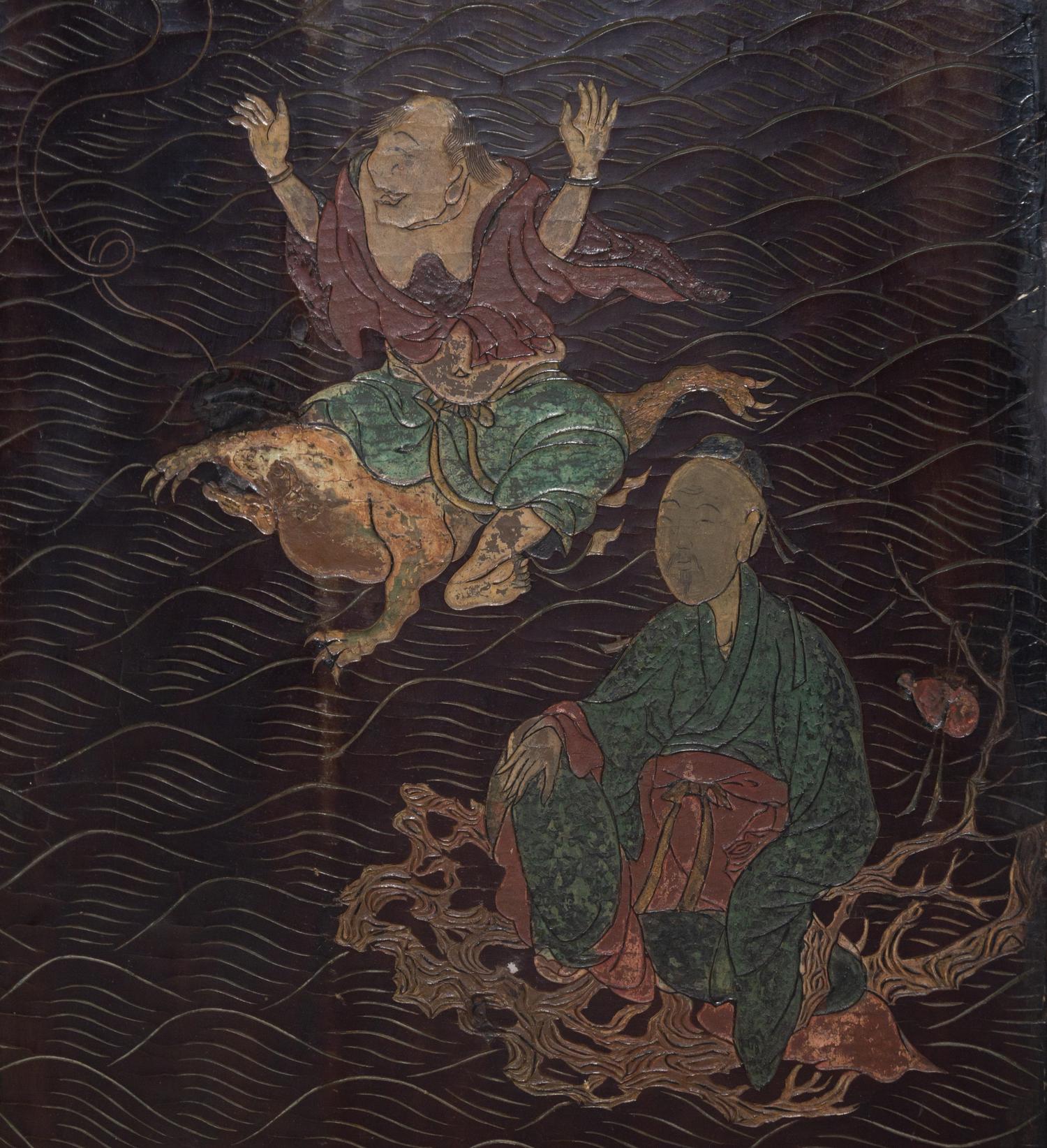 A Chinese Export Black Lacquered Four-Panel Floor Screen