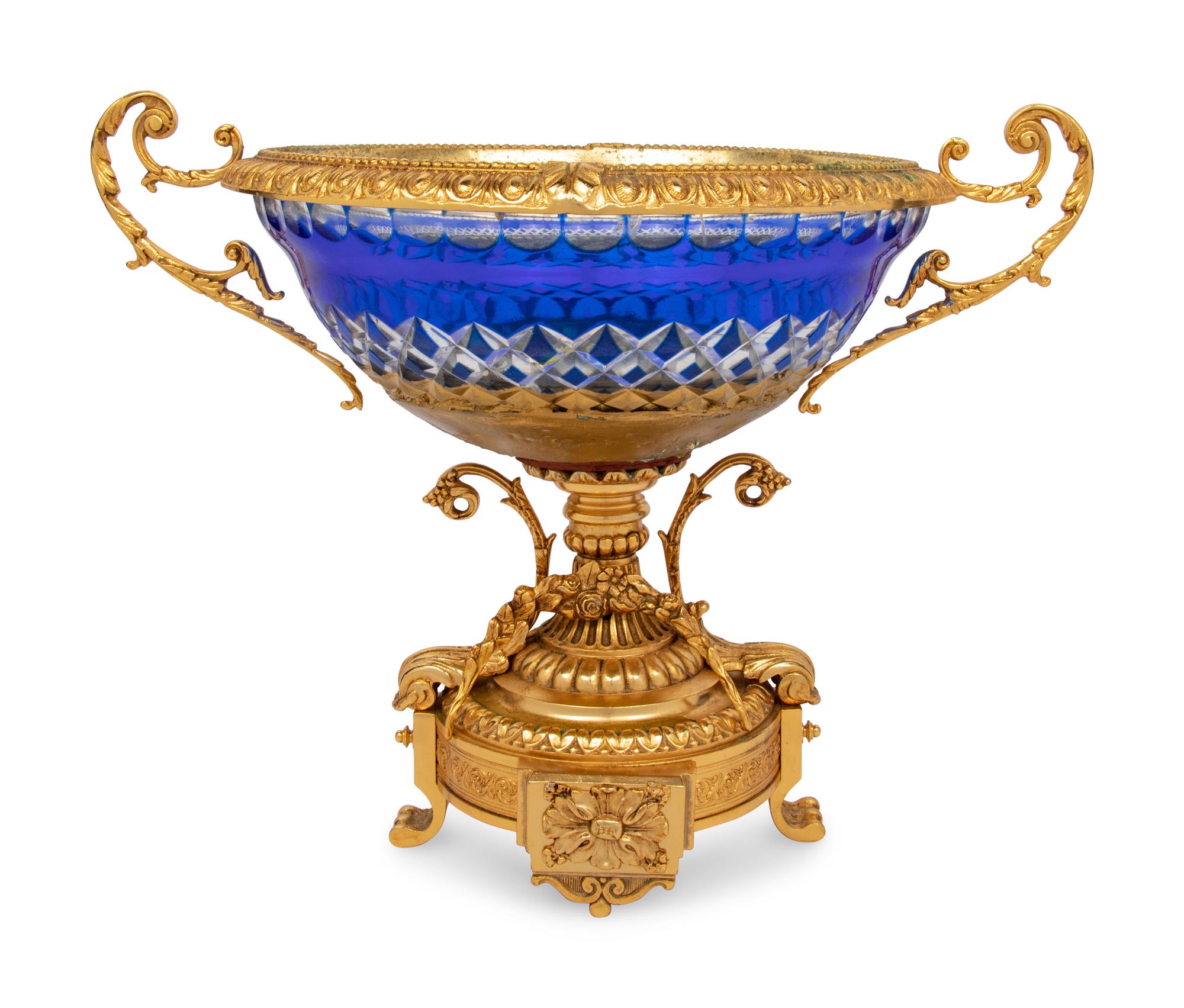 A Gilt Bronze Mounted Cobalt Blue Cut-to-Clear Glass Centerpiece Bowl