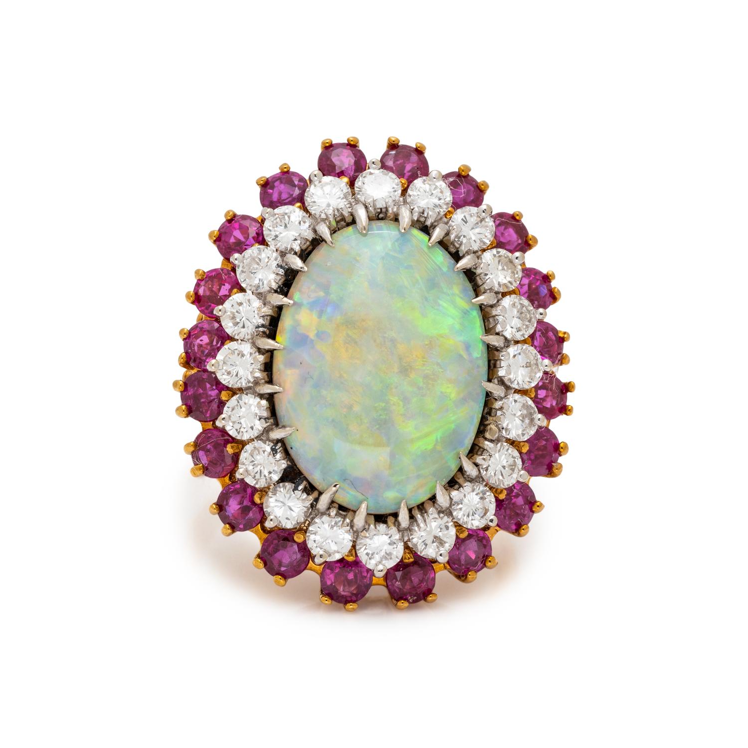 OPAL, DIAMOND AND RUBY RING