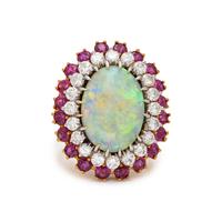 OPAL, DIAMOND AND RUBY RING