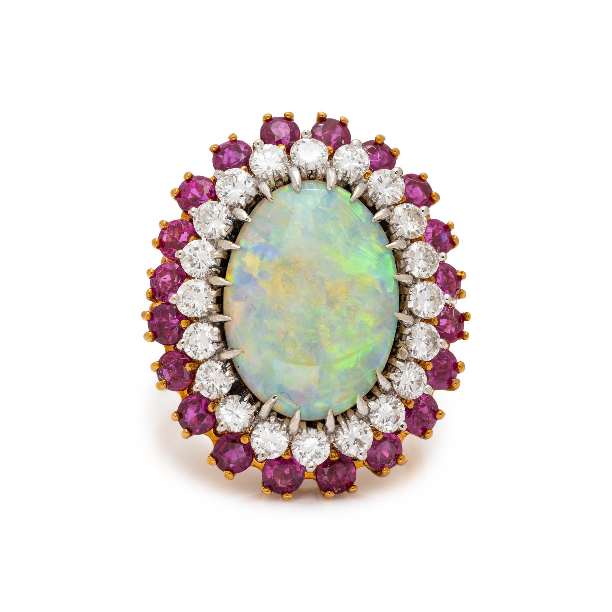 OPAL, DIAMOND AND RUBY RING