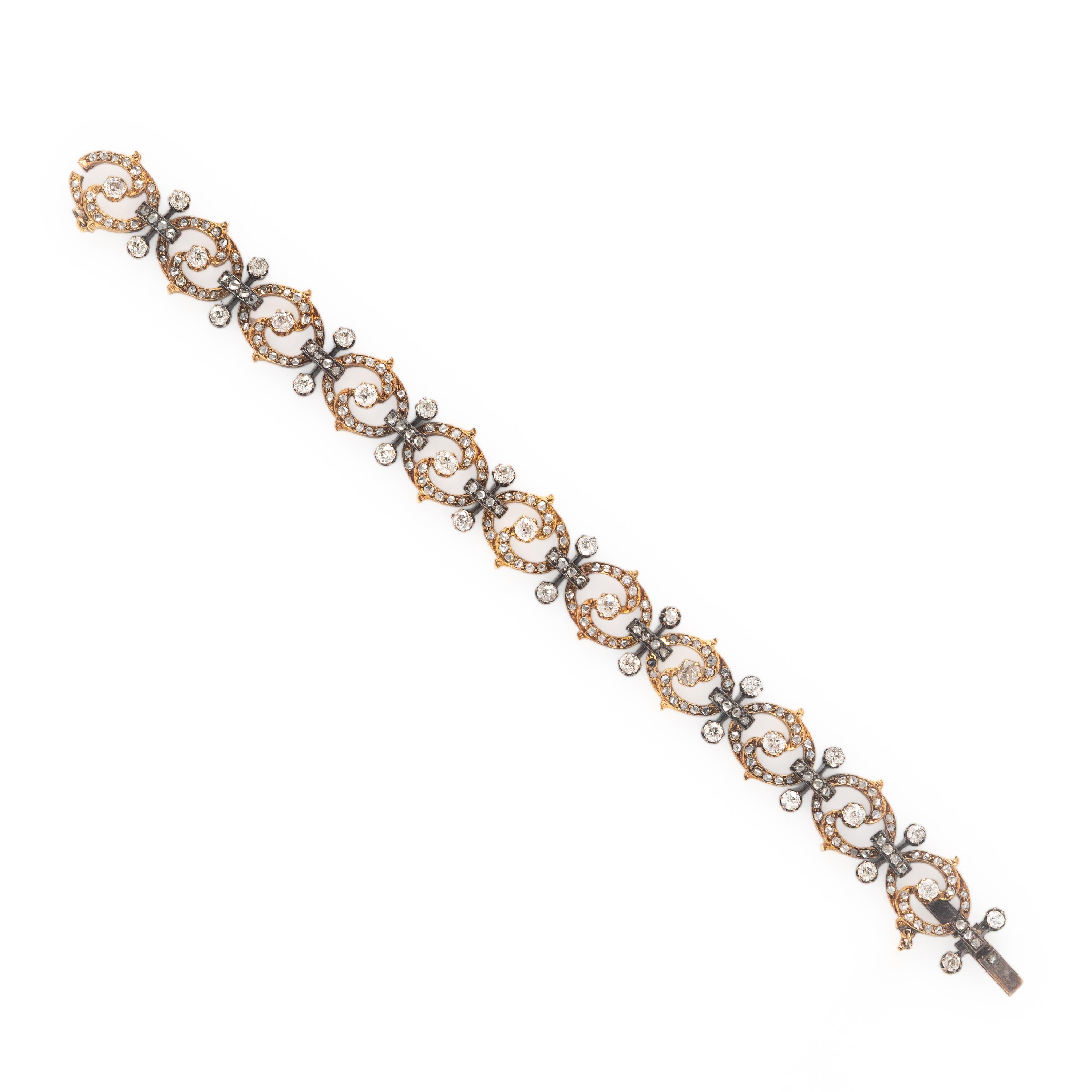Antique, French, Diamond, Yellow Gold, and Silver-Topped Gold Bracelet