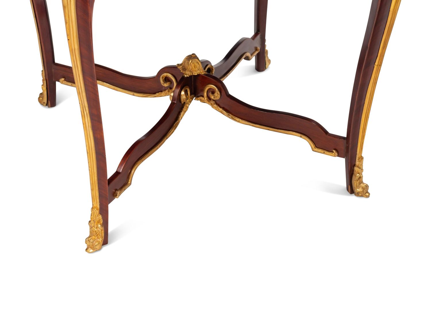 A Pair of Louis XV Style Gilt Bronze Mounted Parquetry Tables with Tiger’s Eye Tops