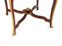 A Pair of Louis XV Style Gilt Bronze Mounted Parquetry Tables with Tiger’s Eye Tops