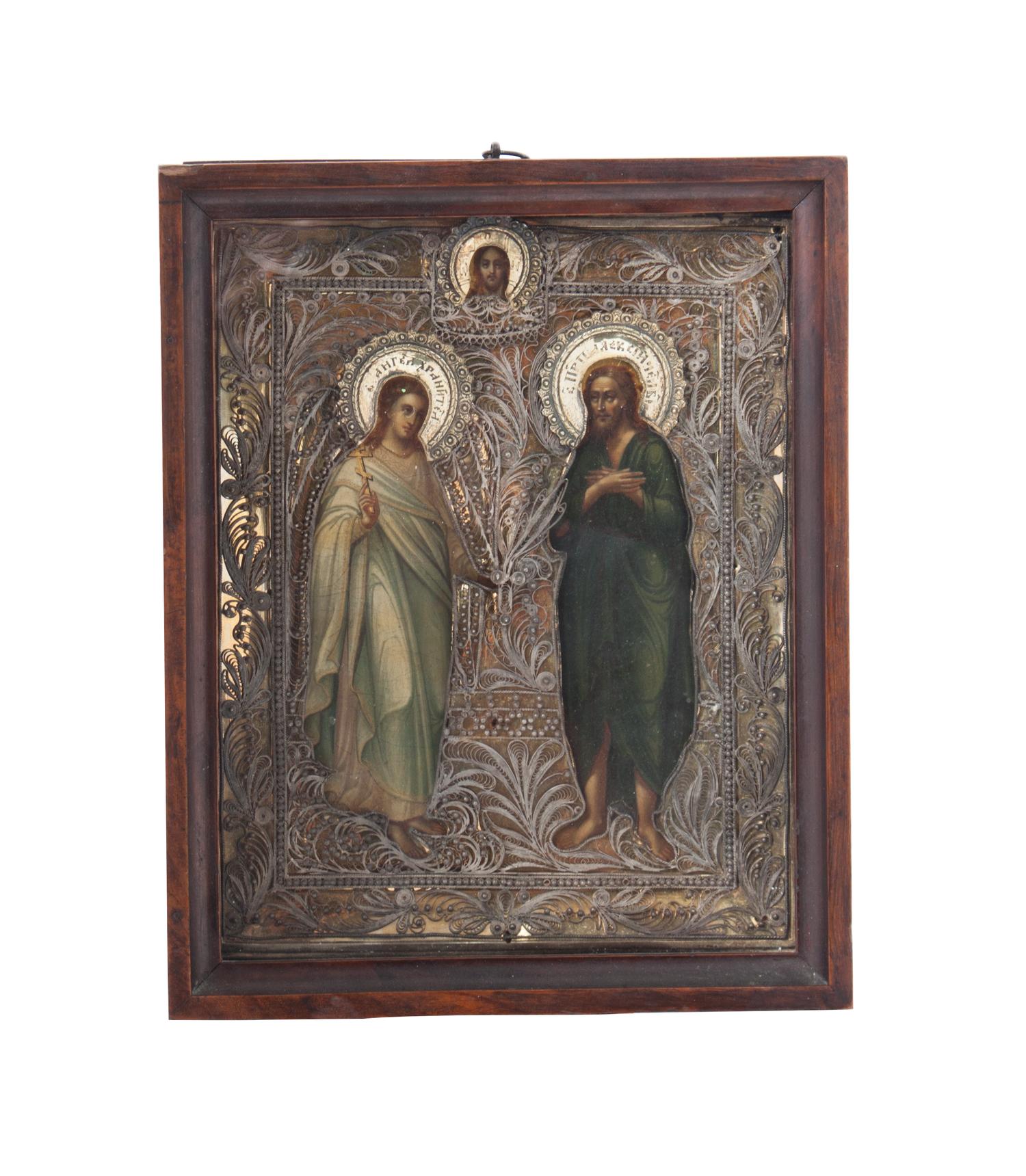 An Eastern European Oklad Icon Framed: 8 1/2 x 6 7/8 inches.
