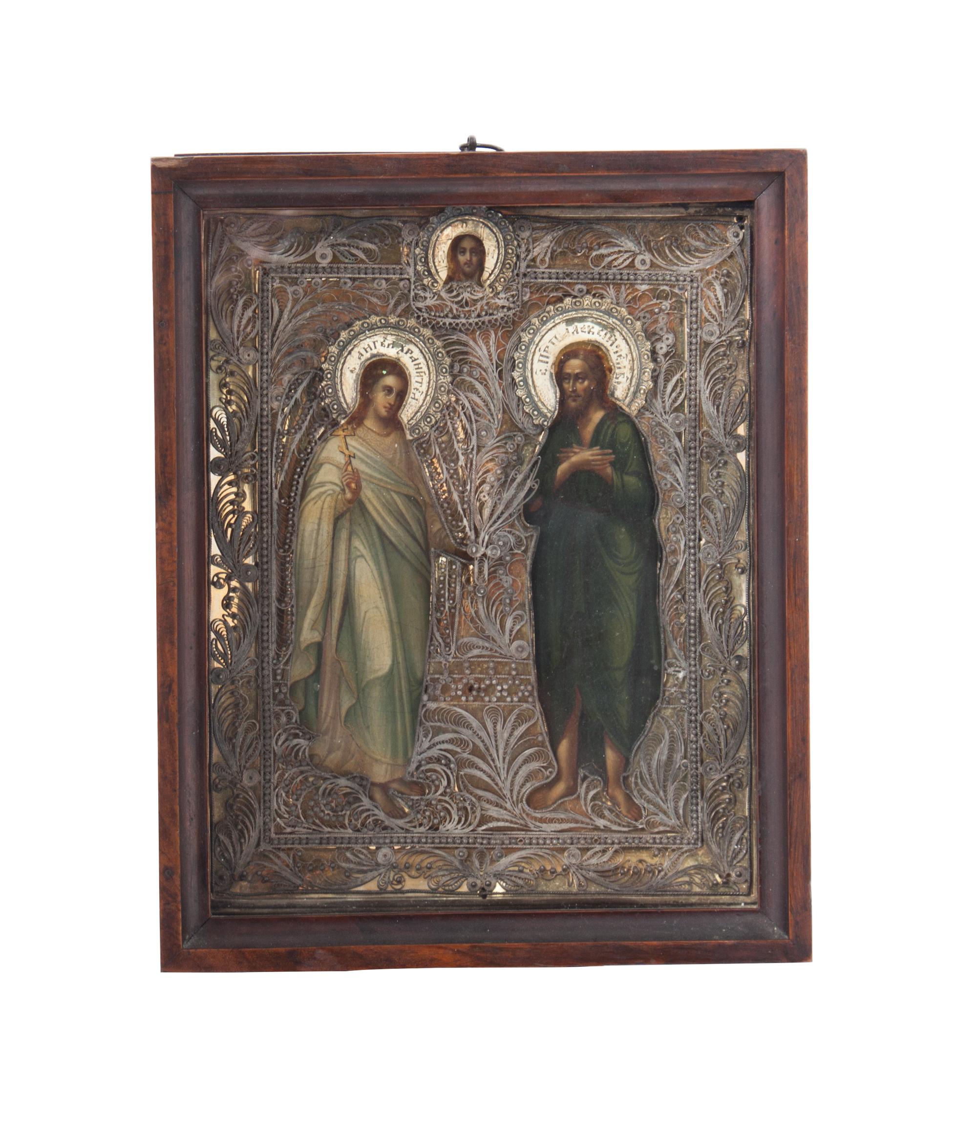 An Eastern European Oklad Icon Framed: 8 1/2 x 6 7/8 inches.