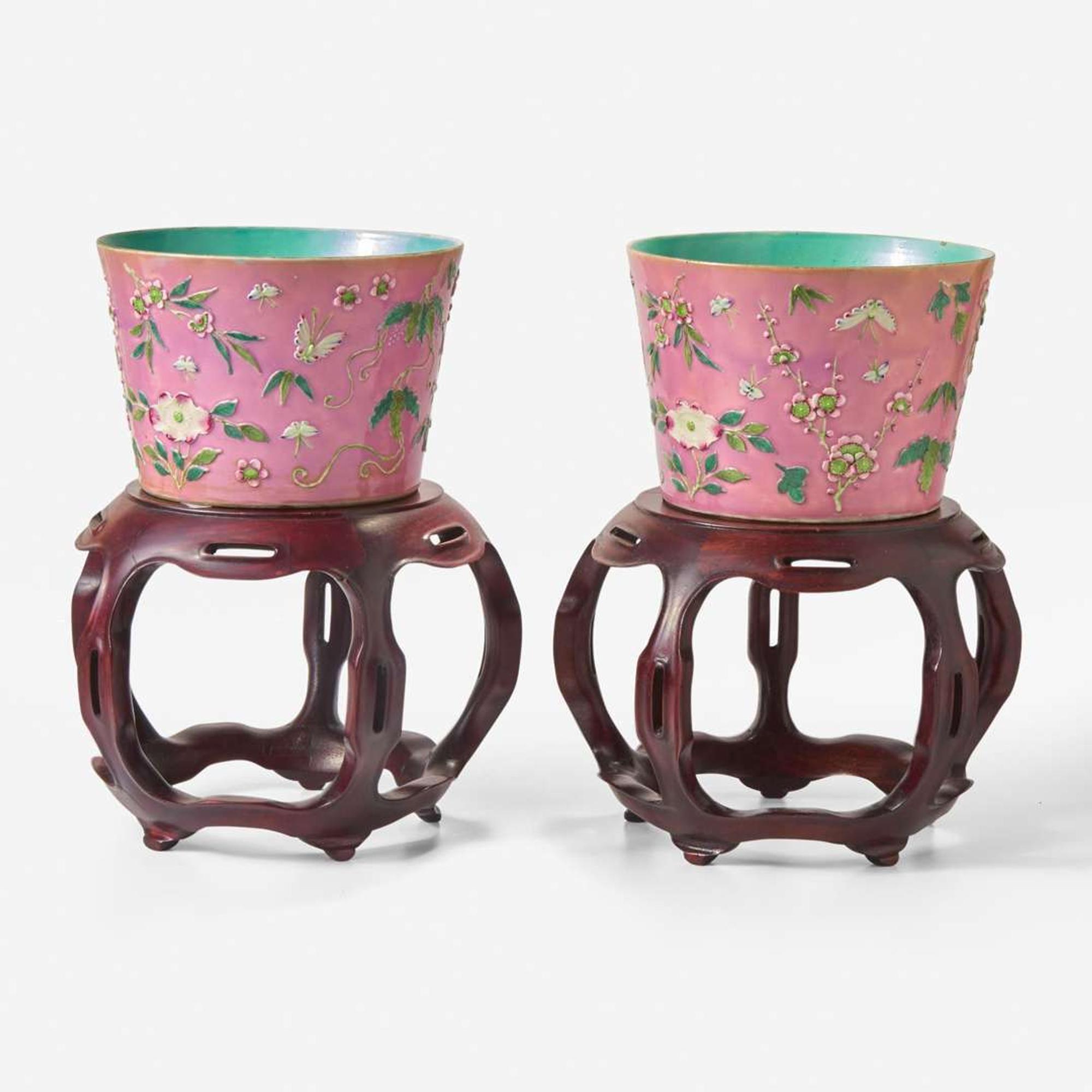 A pair of Chinese famille rose enameled relief-decorated diminutive jardinières 粉彩花盆 Unglazed six-character Qianlong seal mark in relief ?????