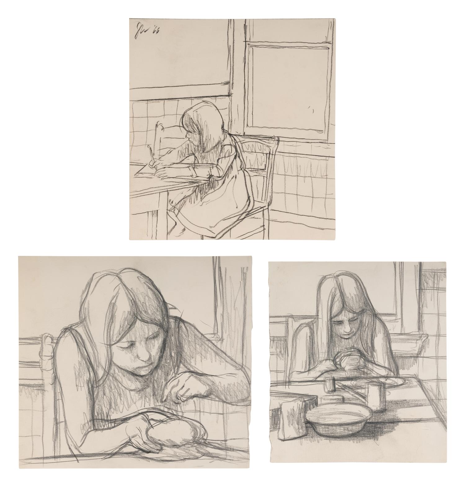 Ellen Writing , 1966, Becky Making a Doll , 1966, and Becky Sewing , 1966 (a group of three works)