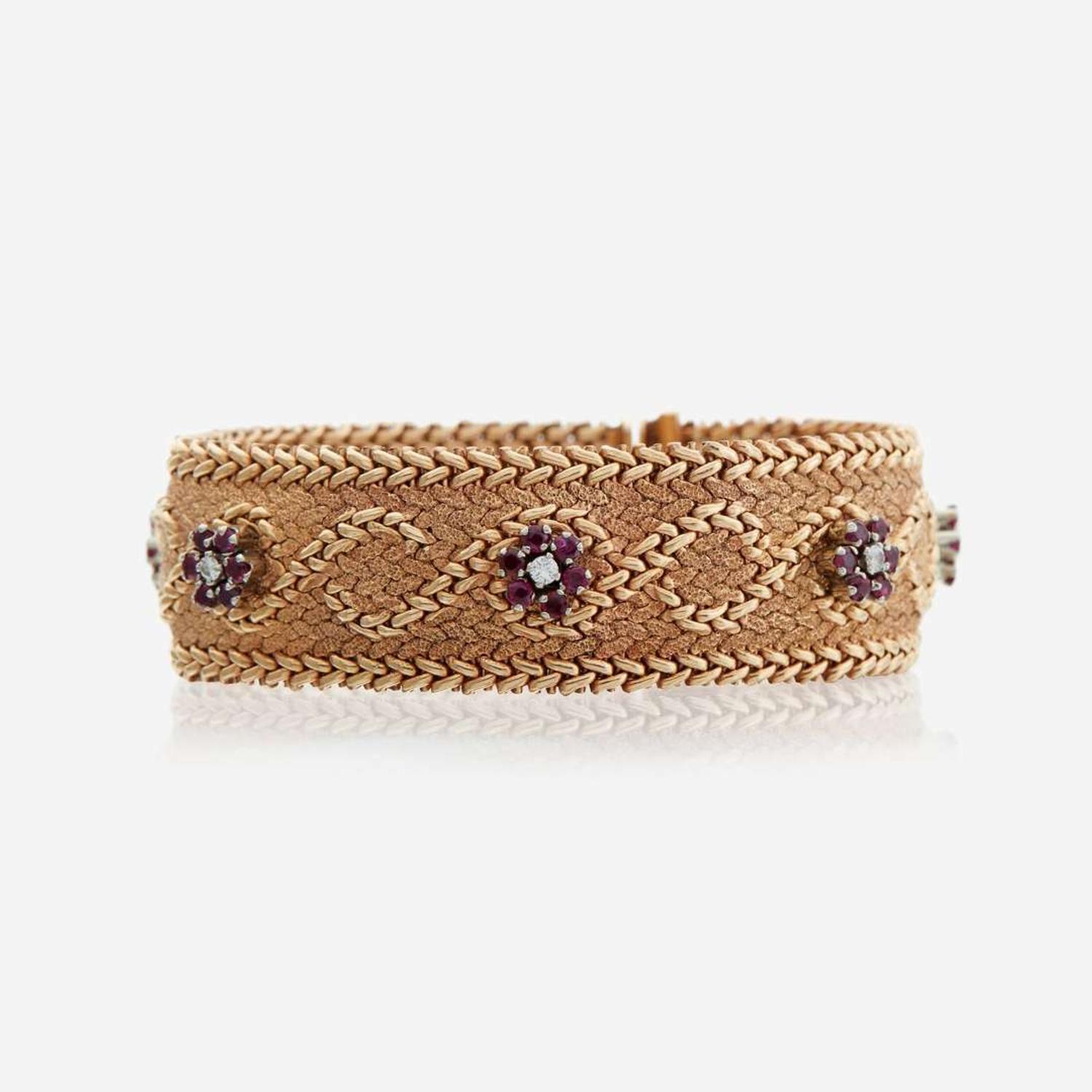 A gold, diamond, and ruby bracelet
