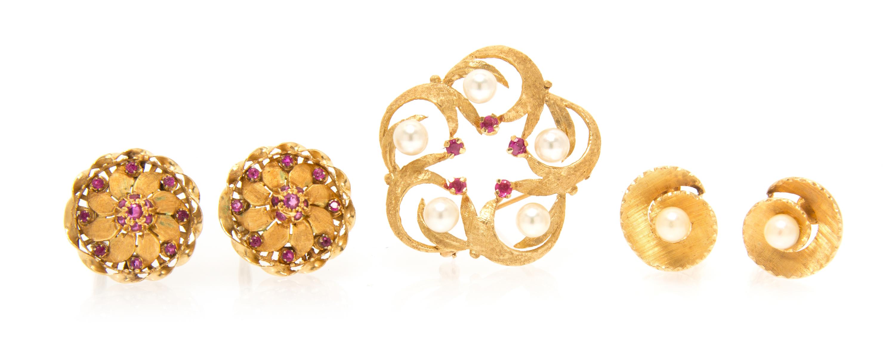 A Collection of Yellow Gold, Pearl and Ruby Jewelry, 17.10 dwts.