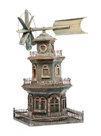 A Victorian Painted Wood and Wire Architectural Whirligig Directional Birdhouse