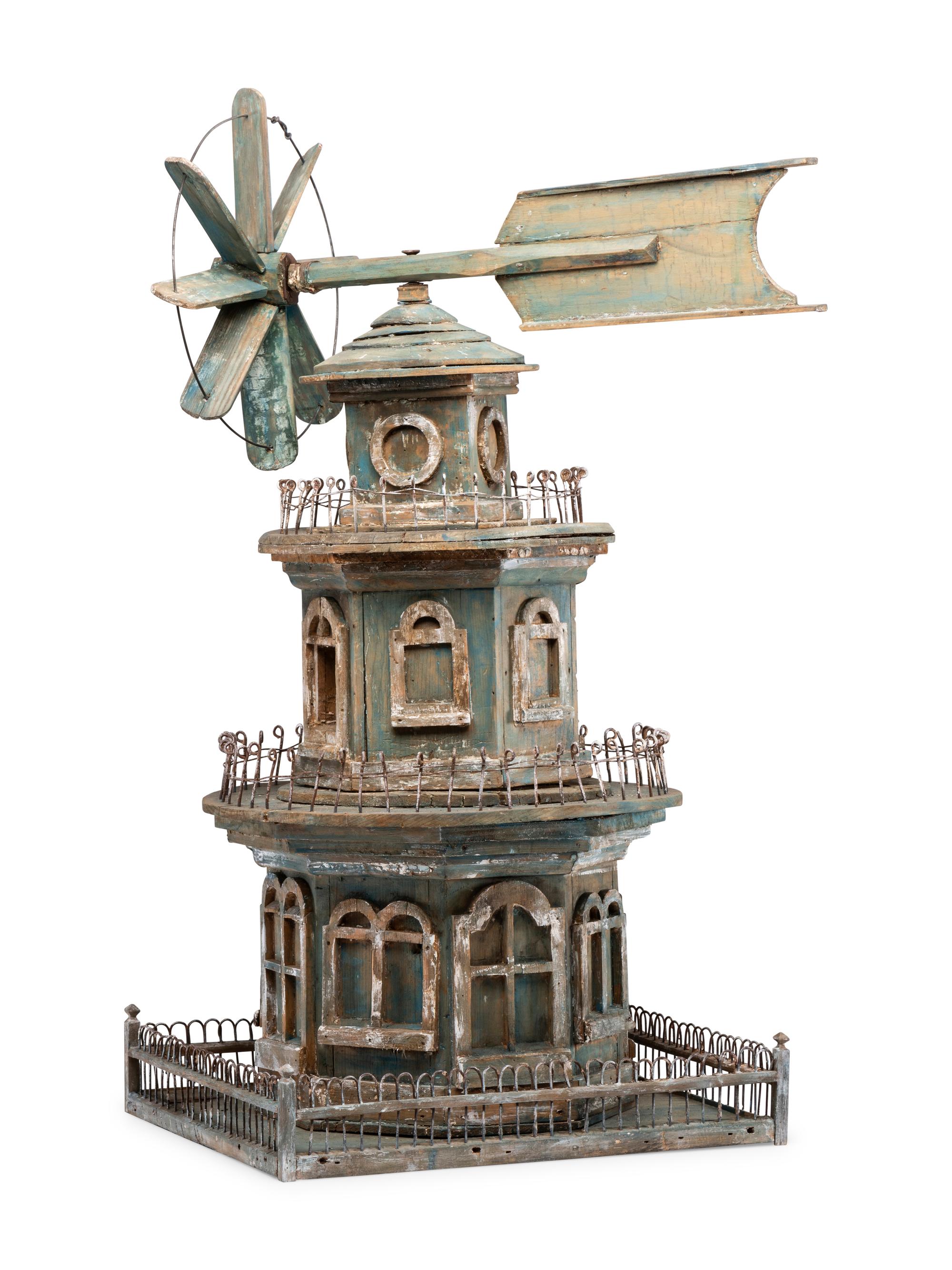 A Victorian Painted Wood and Wire Architectural Whirligig Directional Birdhouse