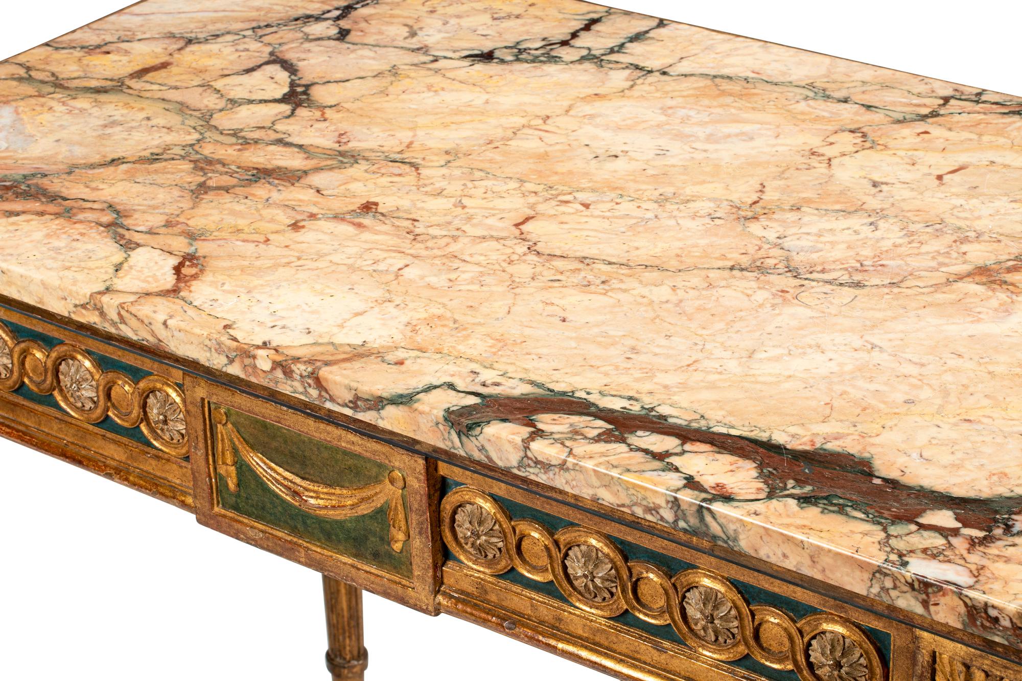 A Louis XVI Style Painted and Parcel Gilt Marble-Top Table