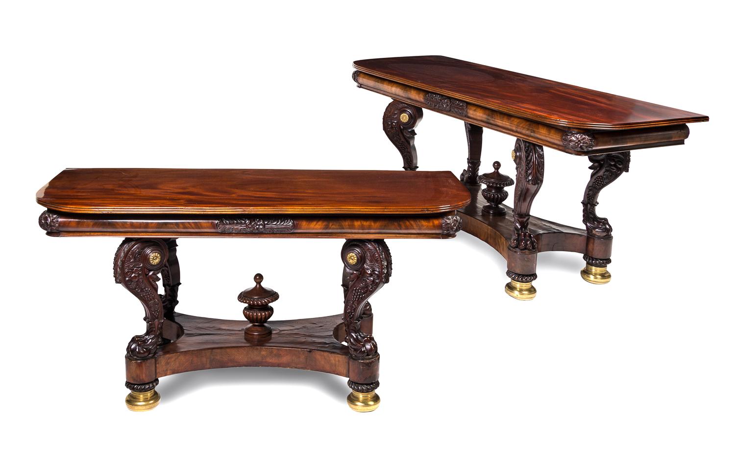 A Pair of American Classical Carved and Brass-Inlaid Mahogany Console Tables Height 29 1/4 x width 60 x depth 12 feet 7 inches. — ATTRIBUTED TO ANTHONY QUERVELLE, PHILADELPHIA, CIRCA 1830