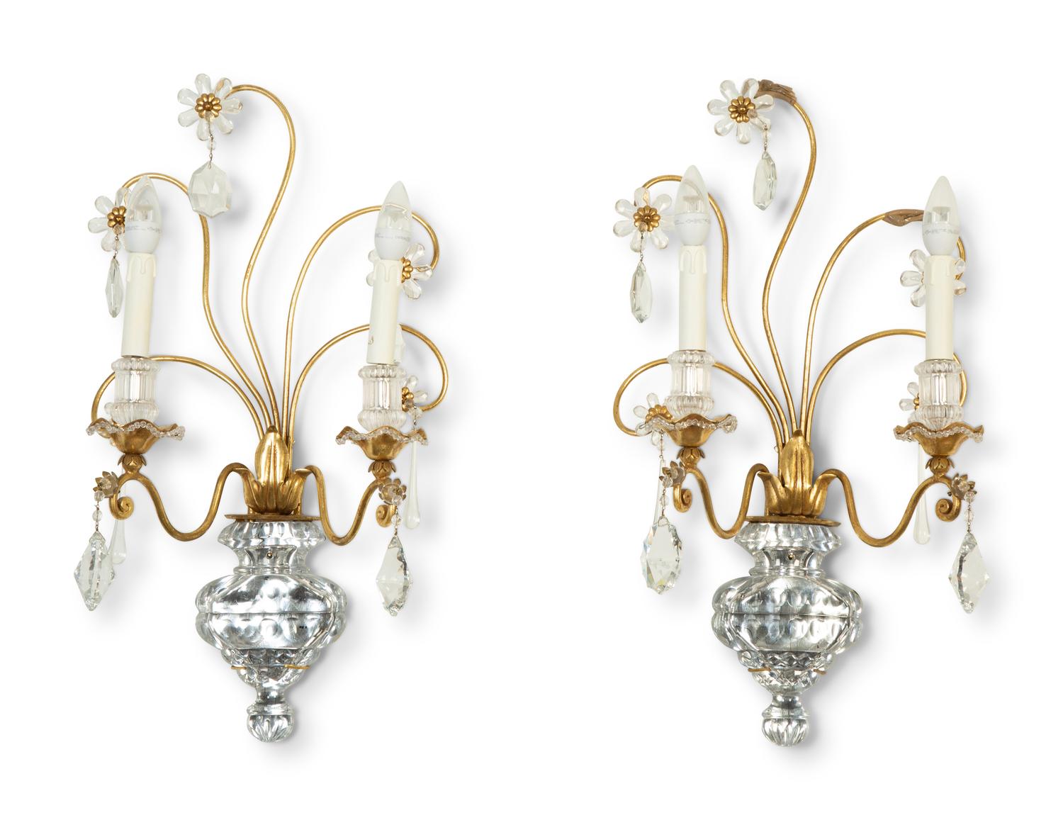 A Pair of French Gilt Metal and Glass Two-Light Floral Wall Sconces