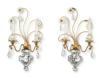 A Pair of French Gilt Metal and Glass Two-Light Floral Wall Sconces