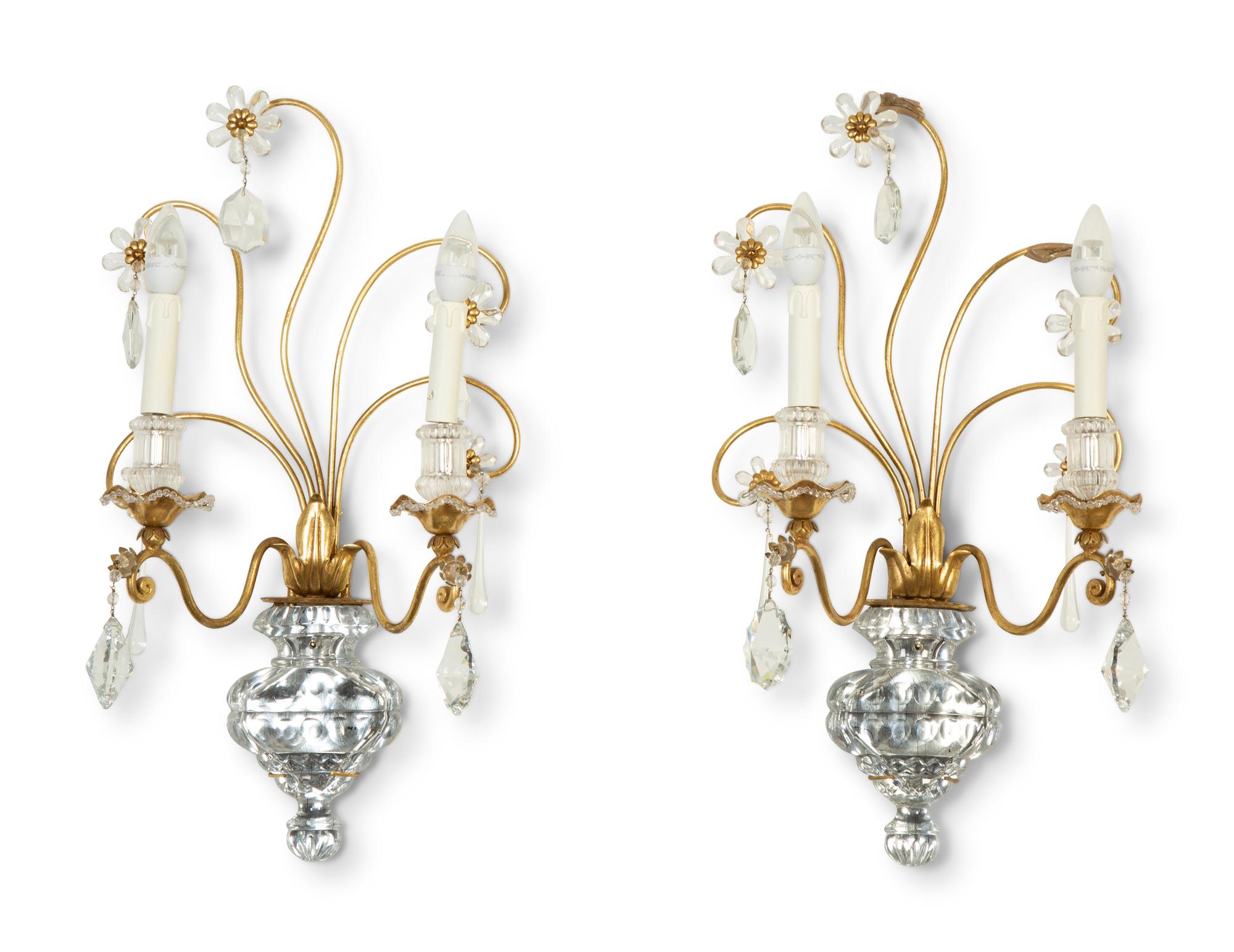 A Pair of French Gilt Metal and Glass Two-Light Floral Wall Sconces