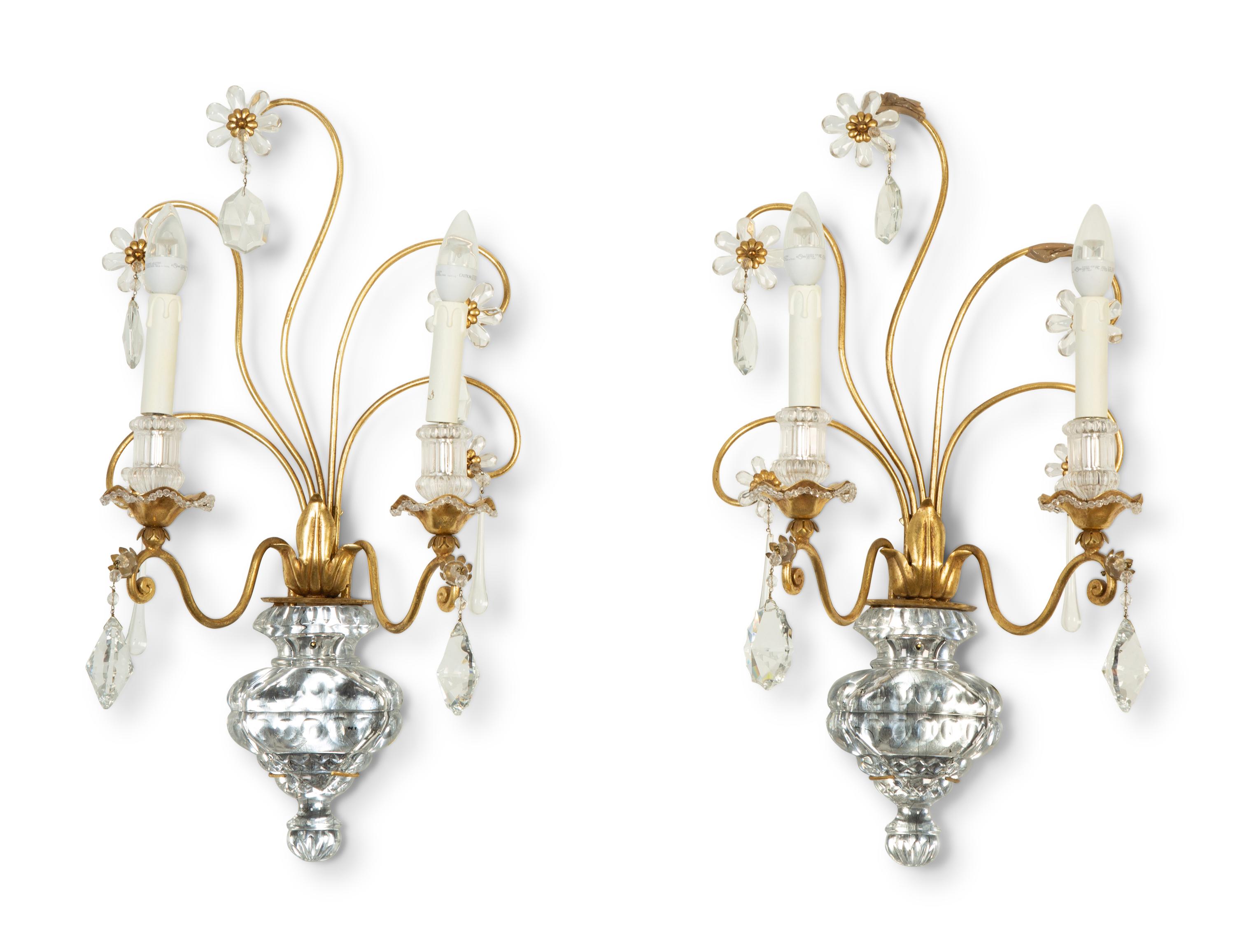 A Pair of French Gilt Metal and Glass Two-Light Floral Wall Sconces