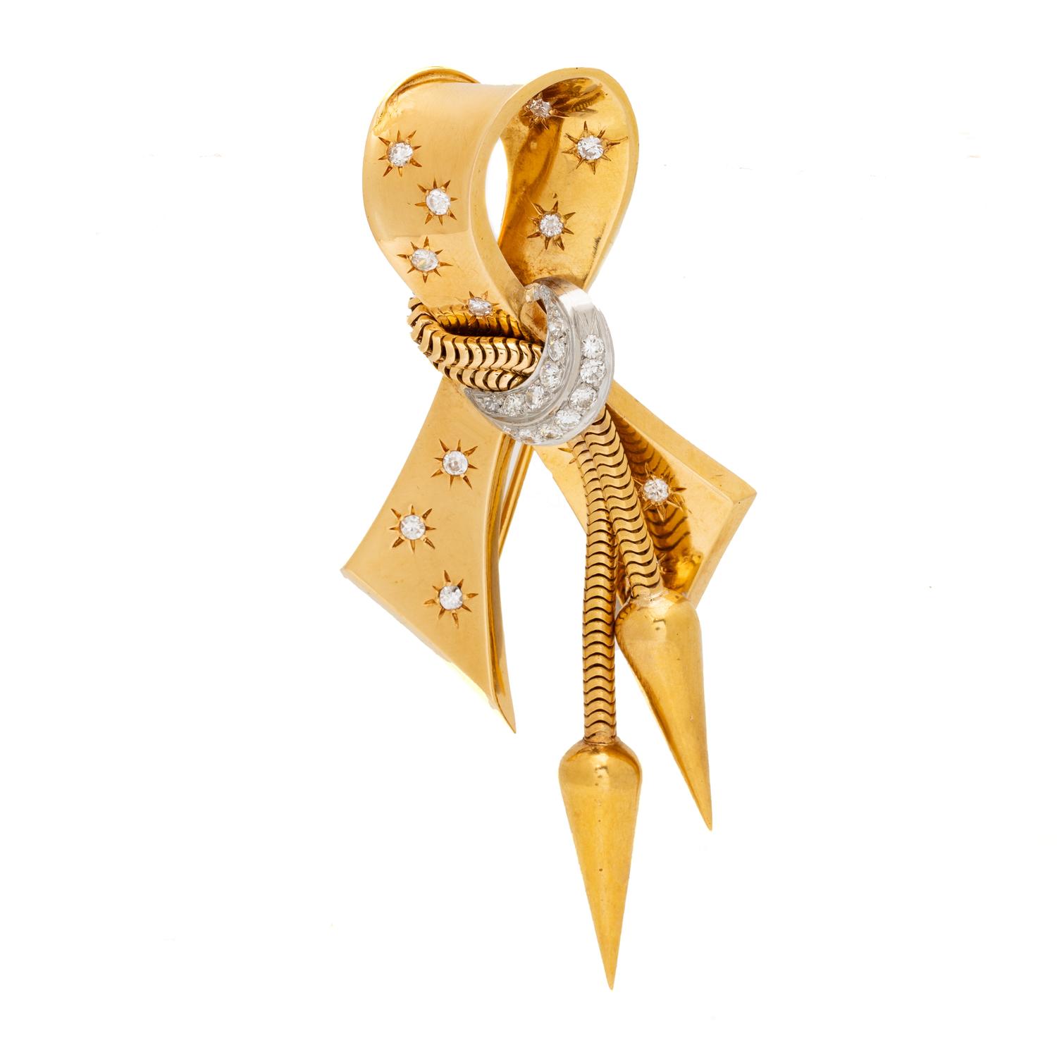 FRENCH, RETRO, YELLOW GOLD, PLATINUM AND DIAMOND RIBBON PIN