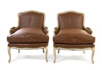 A Pair of Louis XV Style Painted and Channel Molded Bergeres, Height 34 3/4 inches.