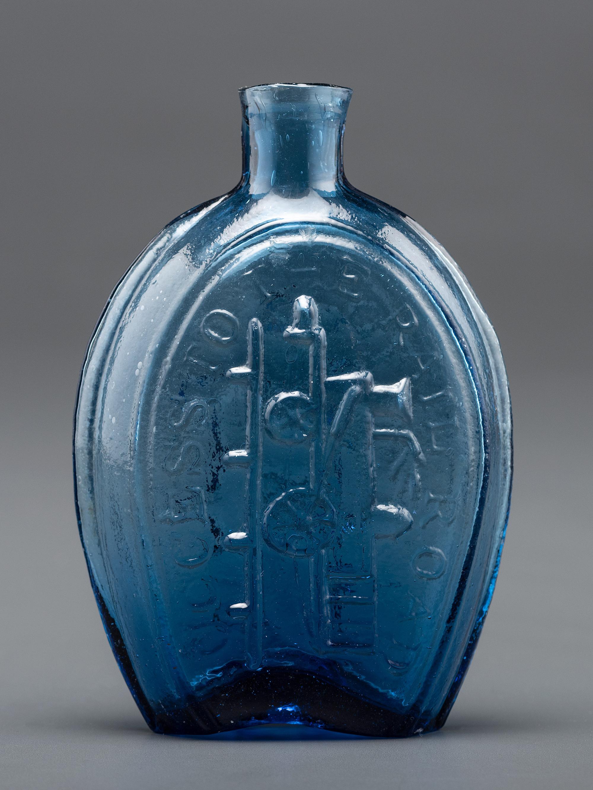 A New York Molded-Glass Flask in Light Sapphire Blue by Lancaster Glass Works