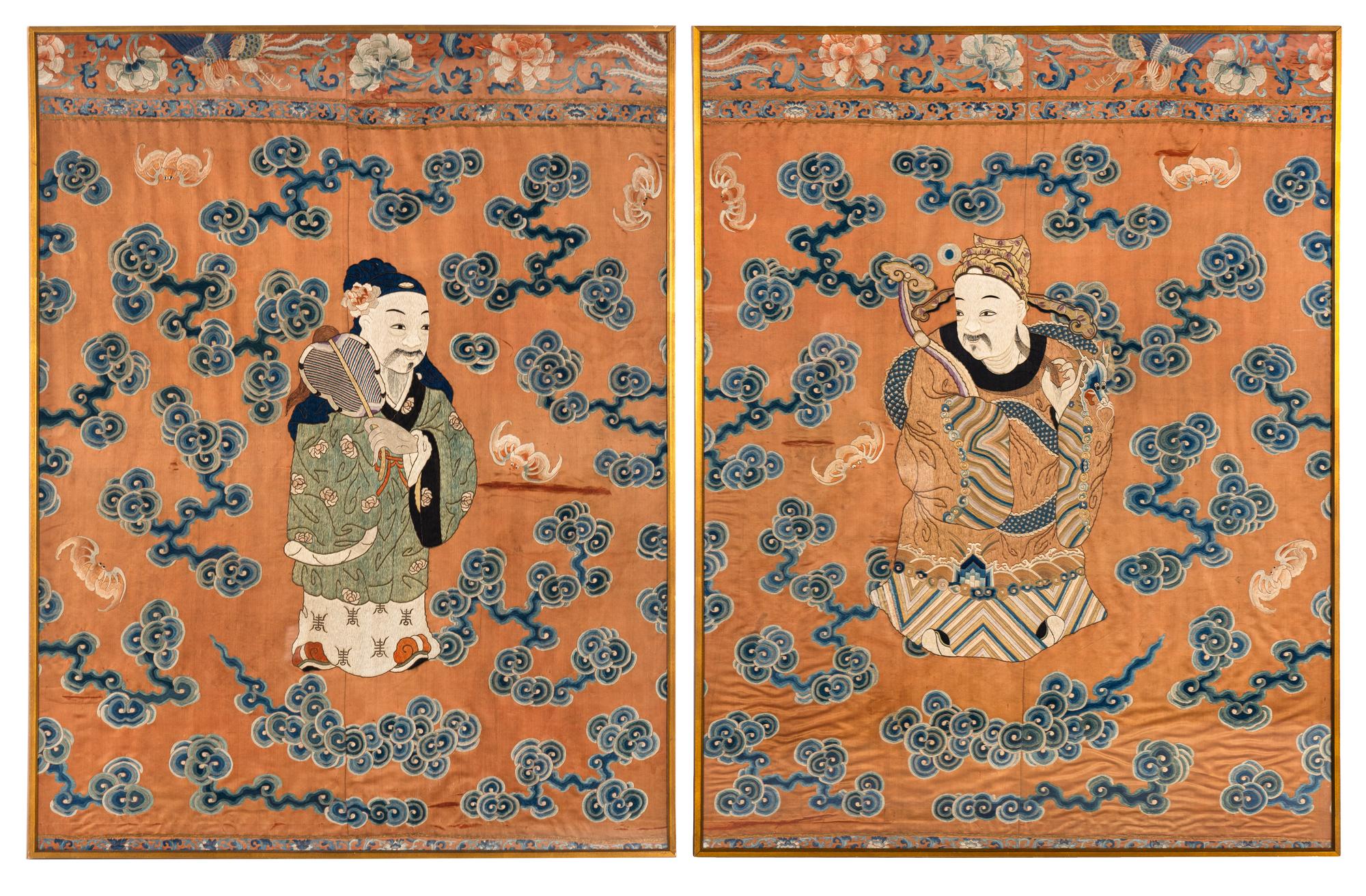A Pair of Large Chinese Ochre Ground Embroidered Silk 'Immortal' Panels, 18th-19th Century 清中期 杏子地福壽圖大褂屏一對
