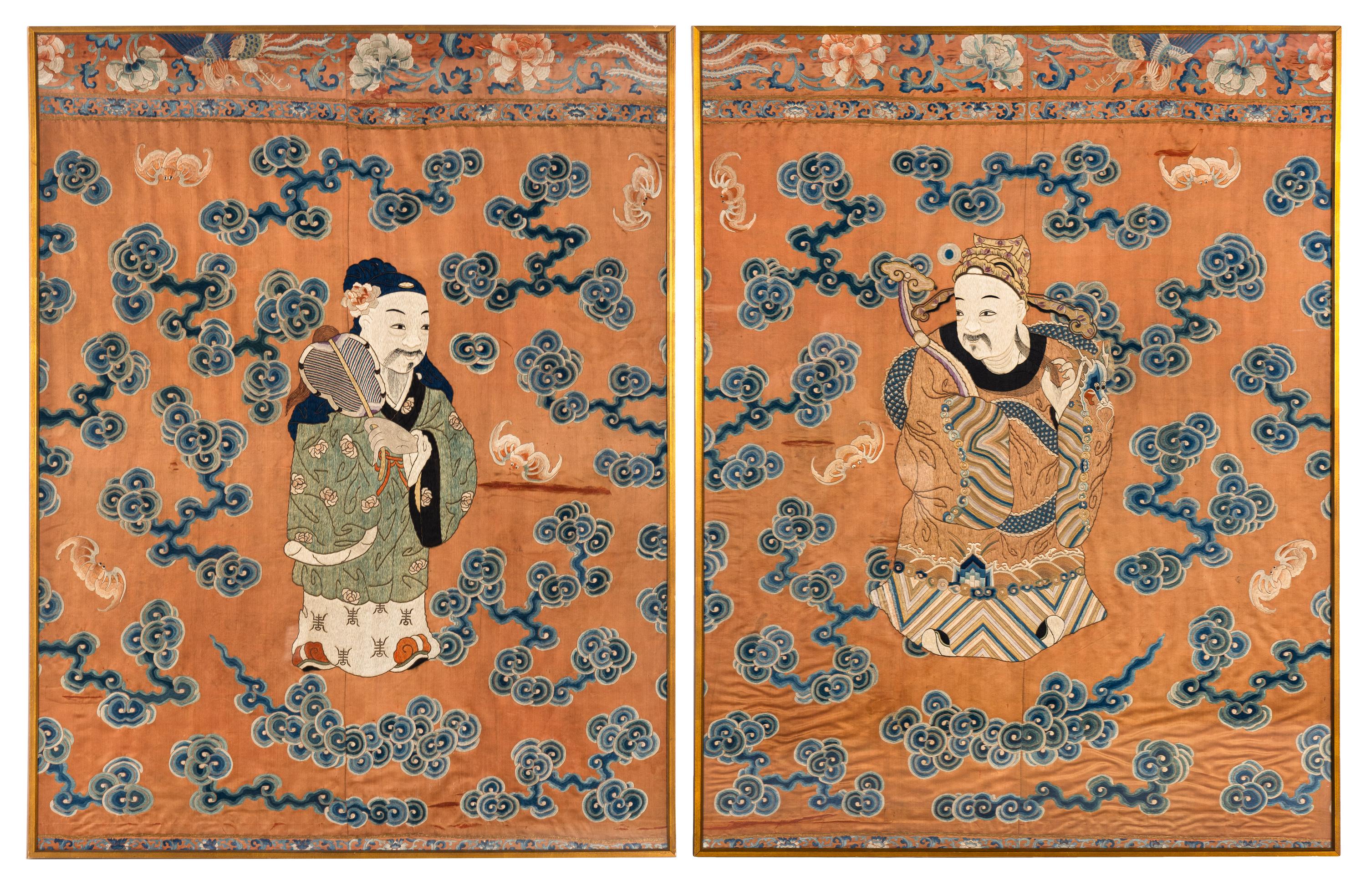 A Pair of Large Chinese Ochre Ground Embroidered Silk 'Immortal' Panels, 18th-19th Century 清中期 杏子地福壽圖大褂屏一對