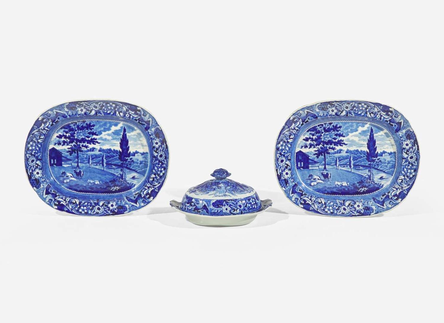 A group of ten Historical Blue Staffordshire tablewares with Philadelphia views, Joseph Stubbs and J. & W. Ridgway, England, circa 1830