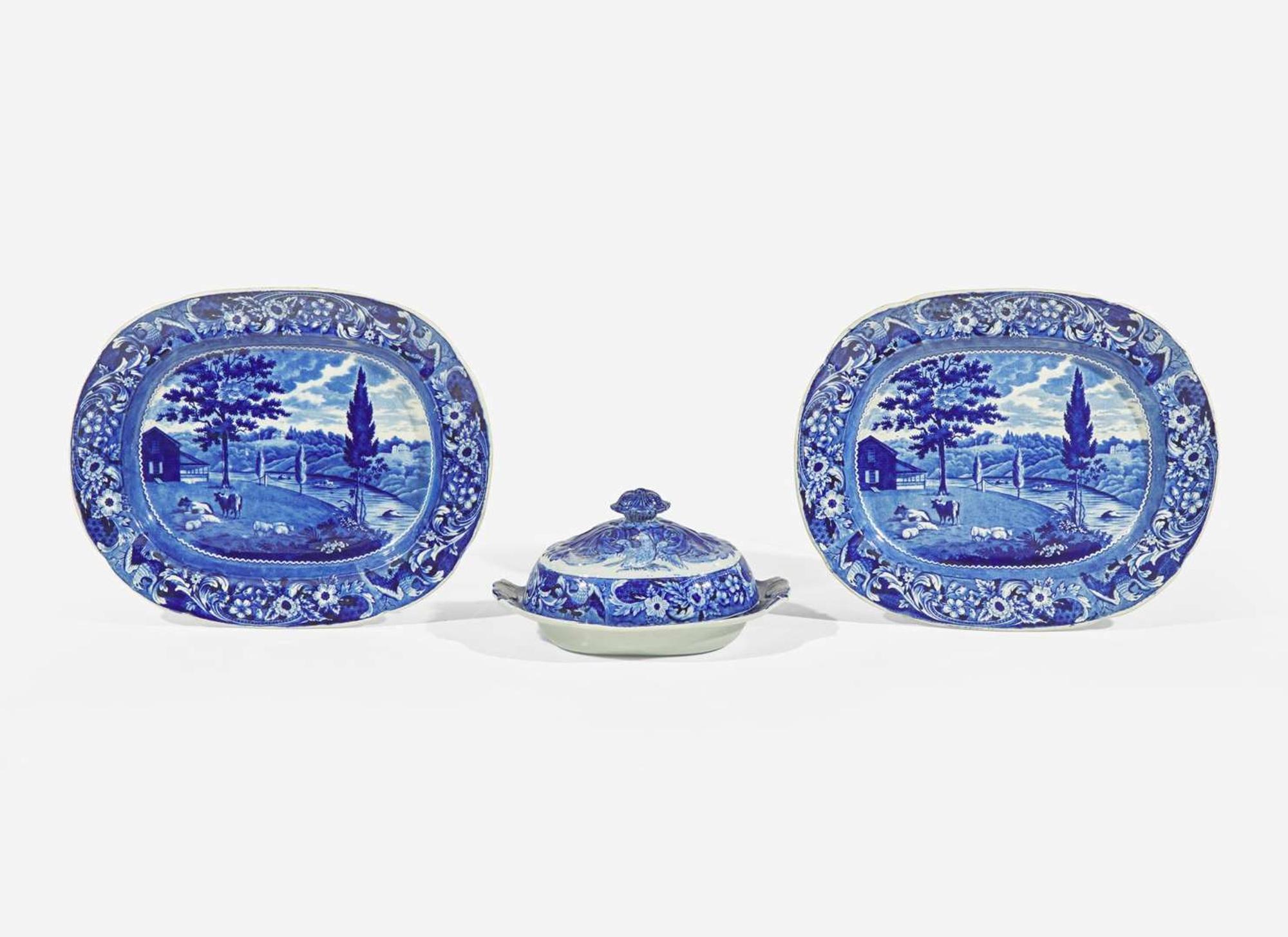 A group of ten Historical Blue Staffordshire tablewares with Philadelphia views, Joseph Stubbs and J. & W. Ridgway, England, circa 1830