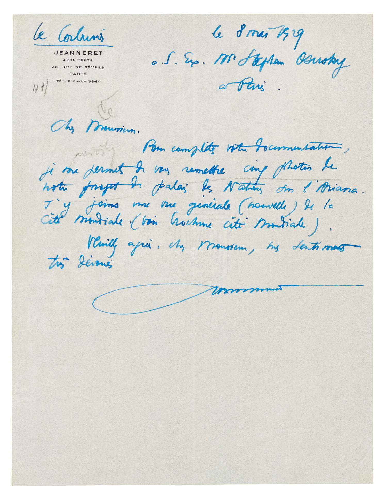 LE CORBUSIER, Charles Édouard Jenneret (1887-1965). Autograph letter signed ("Le Corbusier") at head, in French, to Mr. Stefan Osusky. Paris, 8 May 1929.