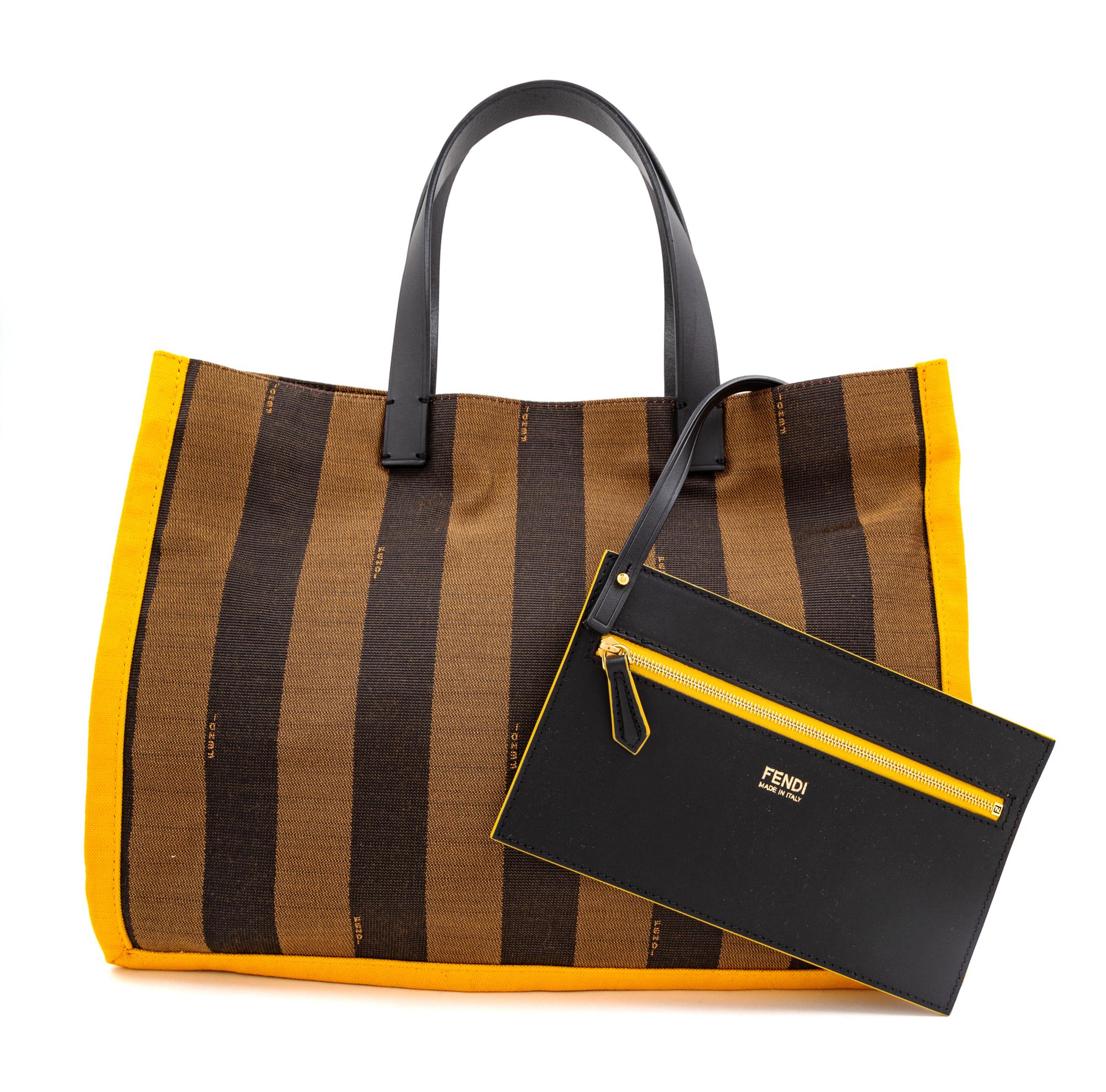 A Fendi Tobacco Canvas Striped Tote, 10.75" H x 14" W x 4.5" D; Handle drop: 5.75".