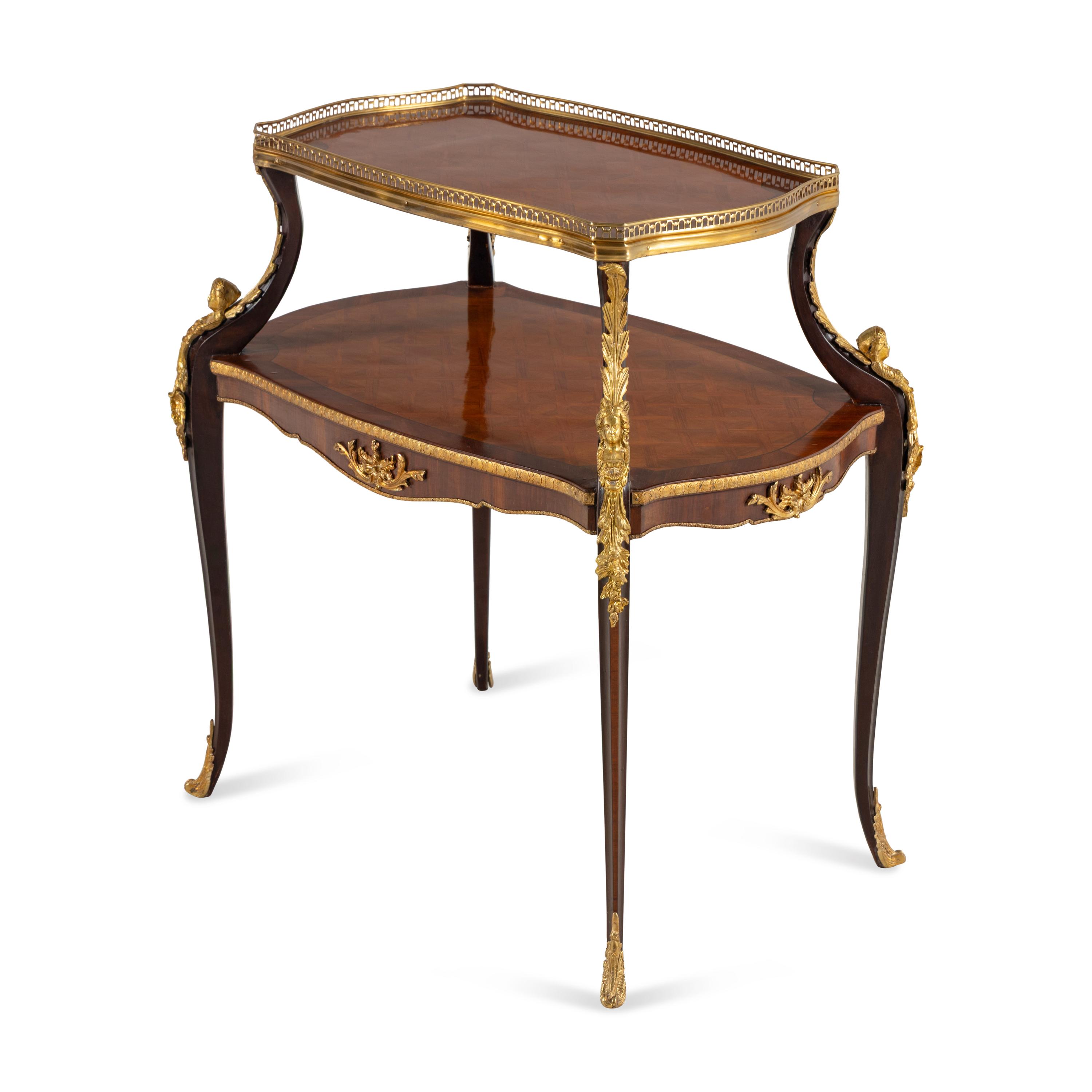A Louis XV Style Gilt Bronze Mounted Parquetry Two-Tier Serving Table