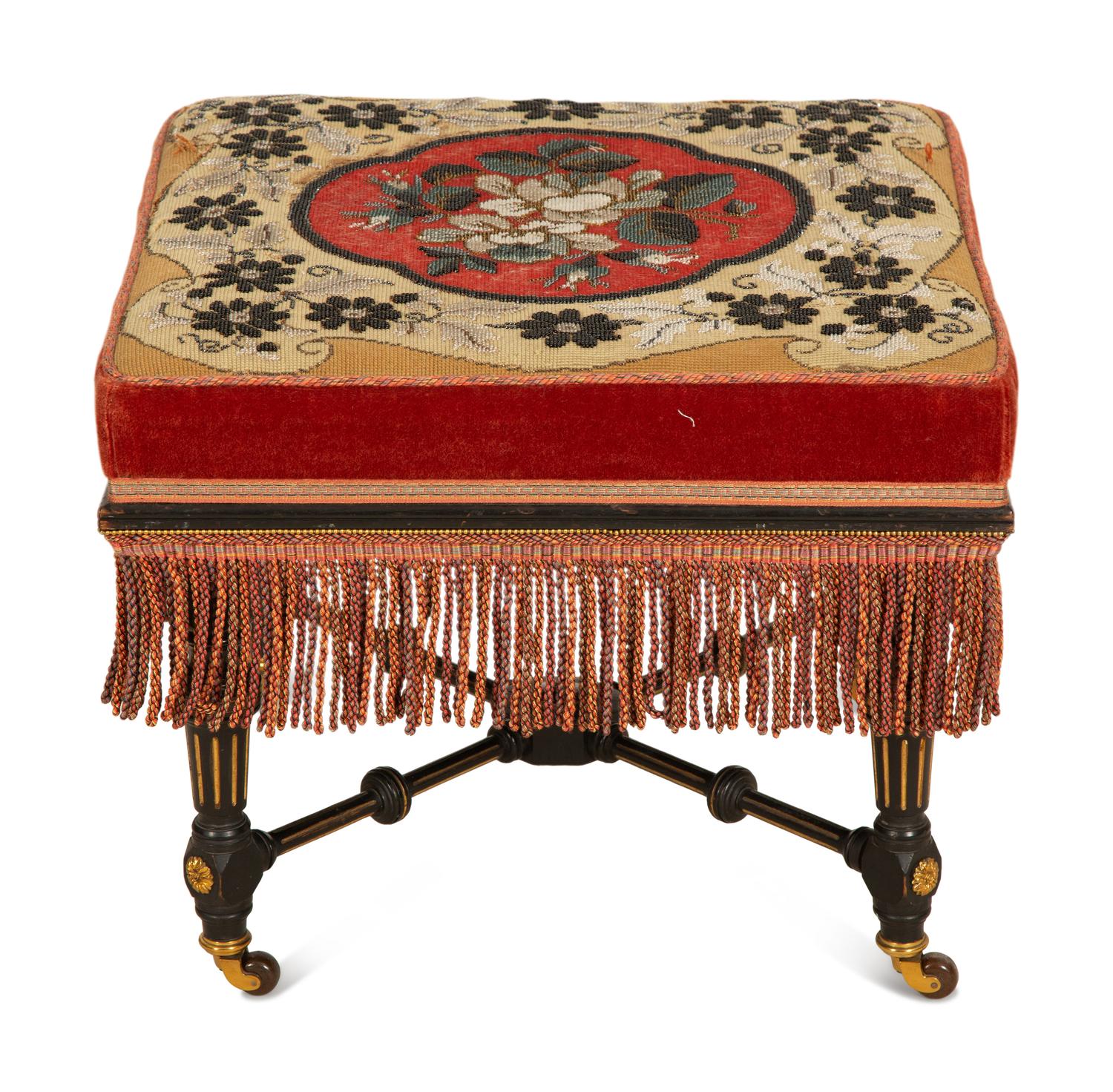 An Early Victorian Stool with Beaded Needlework Upholstered Seat and Fringe