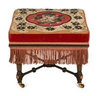 An Early Victorian Stool with Beaded Needlework Upholstered Seat and Fringe