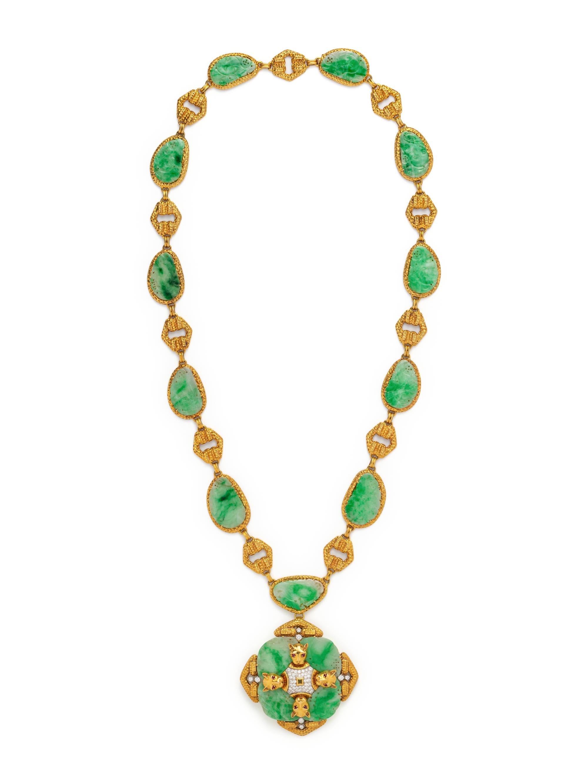 TRIO, CONVERTIBLE YELLOW GOLD, JADE AND DIAMOND PENDANT/BROOCH NECKLACE