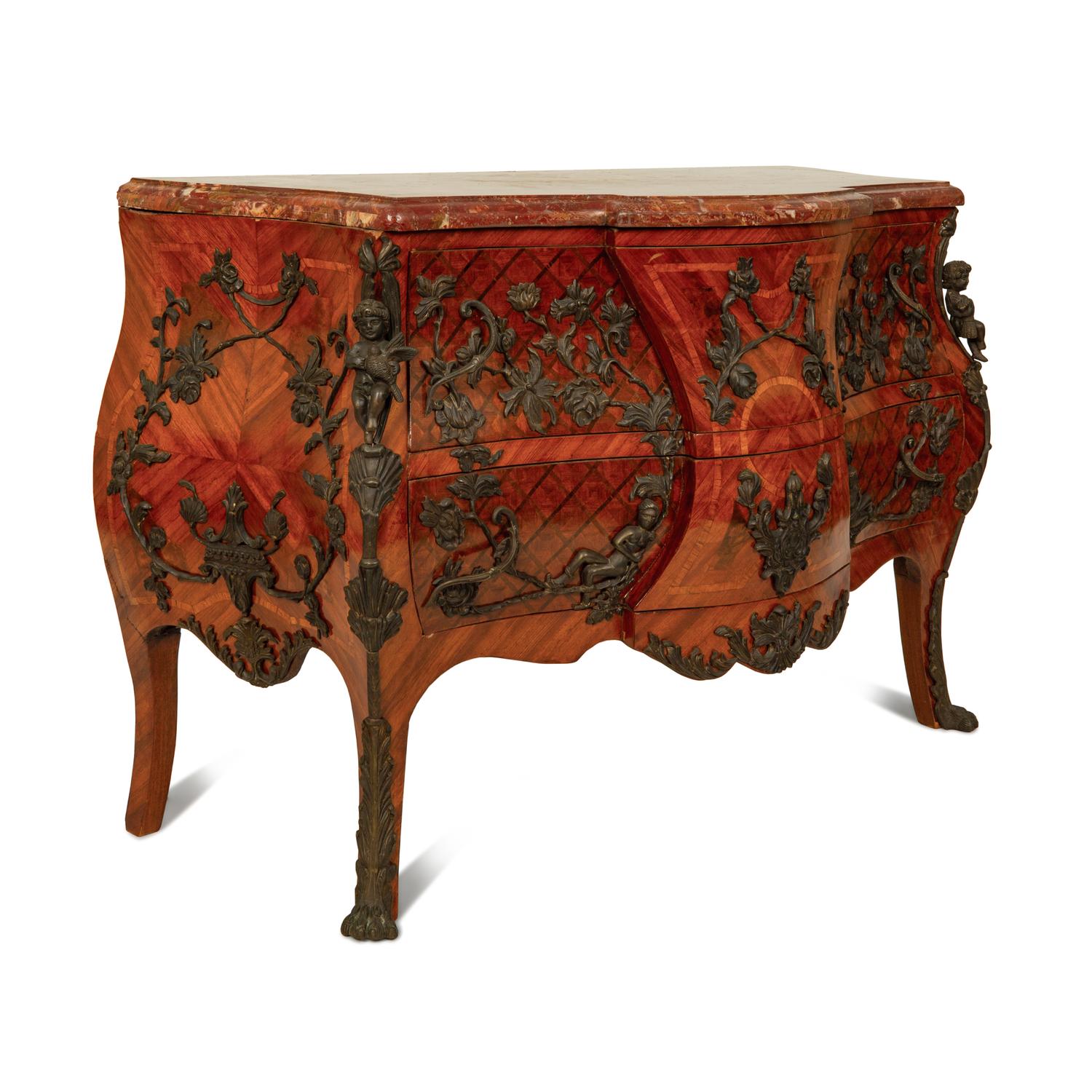 A Louis XV Style Parquetry Bombe Commode with Bronze Mounts and Marble Top