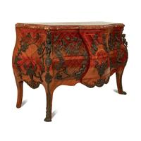A Louis XV Style Parquetry Bombe Commode with Bronze Mounts and Marble Top