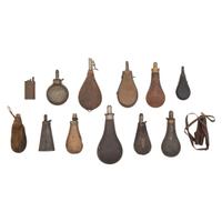 Lot of 11 Assorted Powder Flasks Including: Sykes, James Dixon & Sons, Bartram & Co.