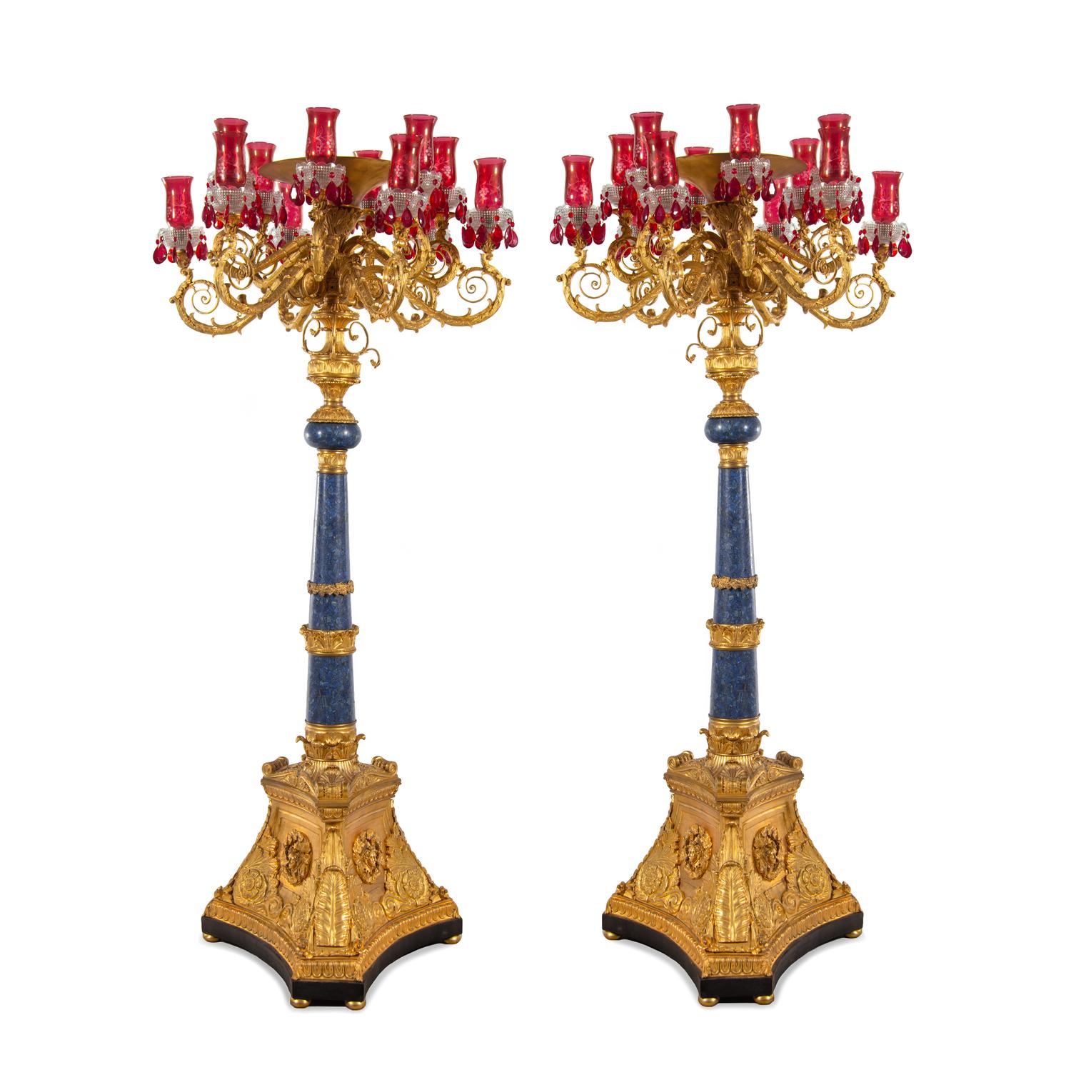 A Pair of Monumental Empire Style Gilt Bronze and Lapis Lazuli Torchères