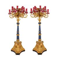 A Pair of Monumental Empire Style Gilt Bronze and Lapis Lazuli Torchères