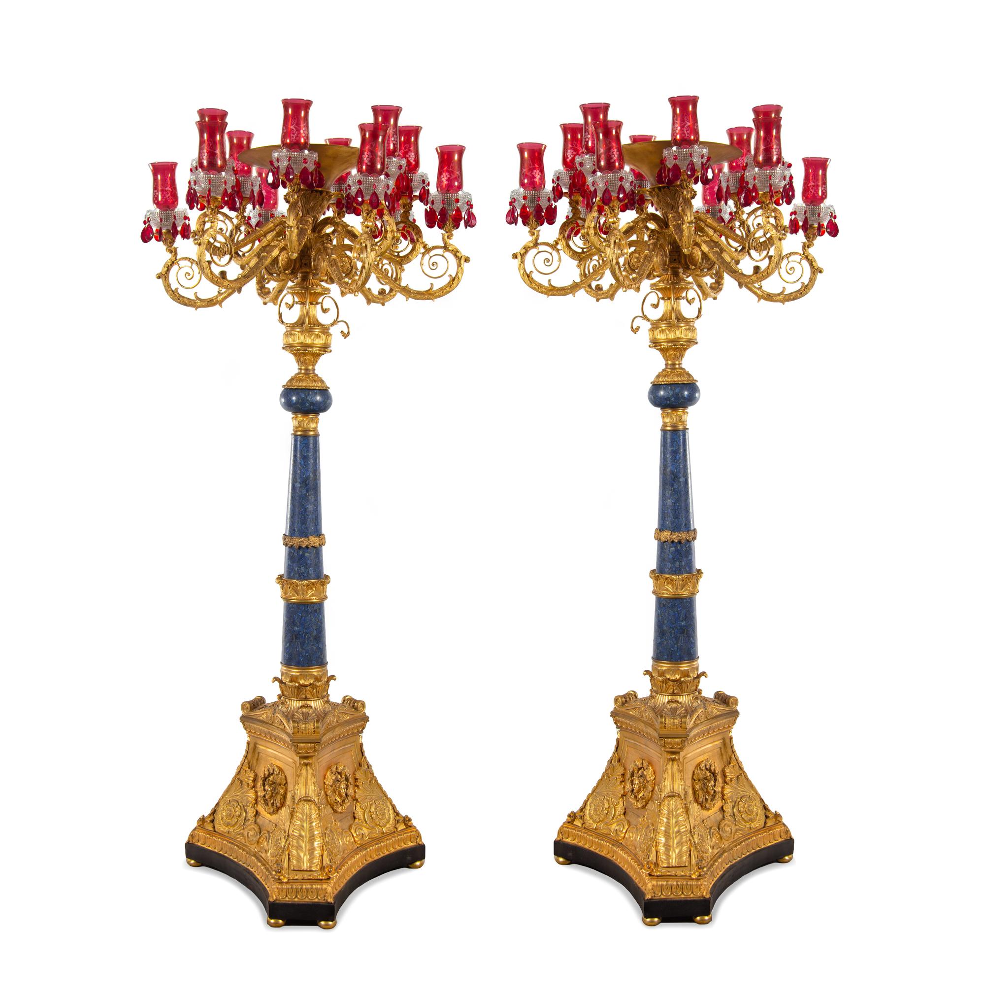 A Pair of Monumental Empire Style Gilt Bronze and Lapis Lazuli Torchères