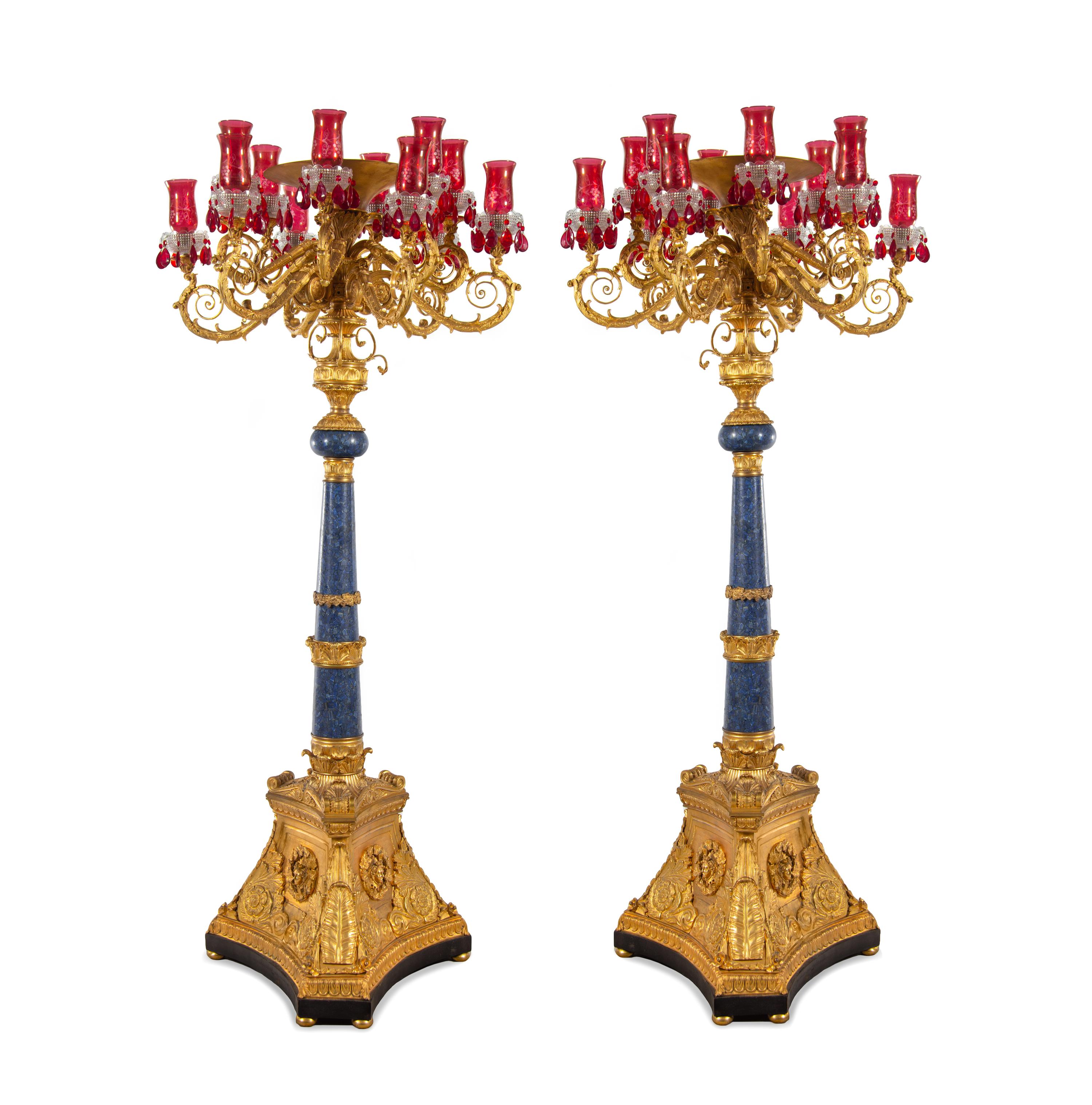 A Pair of Monumental Empire Style Gilt Bronze and Lapis Lazuli Torchères