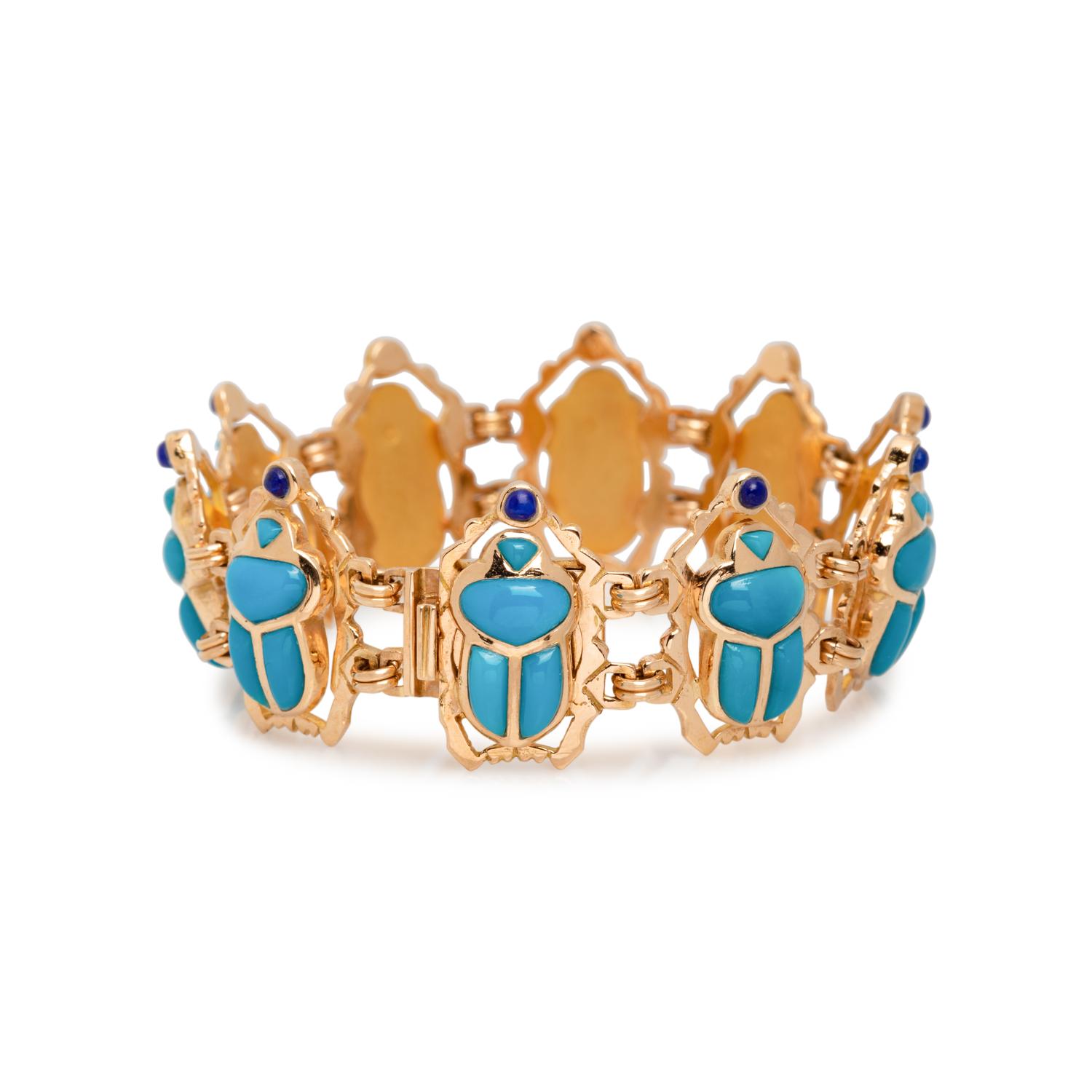 YELLOW GOLD, TREATED TURQUOISE AND LAPIS LAZULI SCARAB BRACELET
