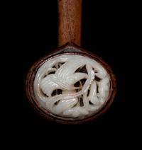A Chinese White Jade Inset Hardwood Ruyi Scepter
