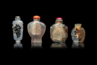 Four Chinese Carved Grey Agate Snuff Bottles