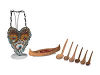 Collection of Cherokee Spoons, Birchbark Canoe, and Whimsey Pin Cushion