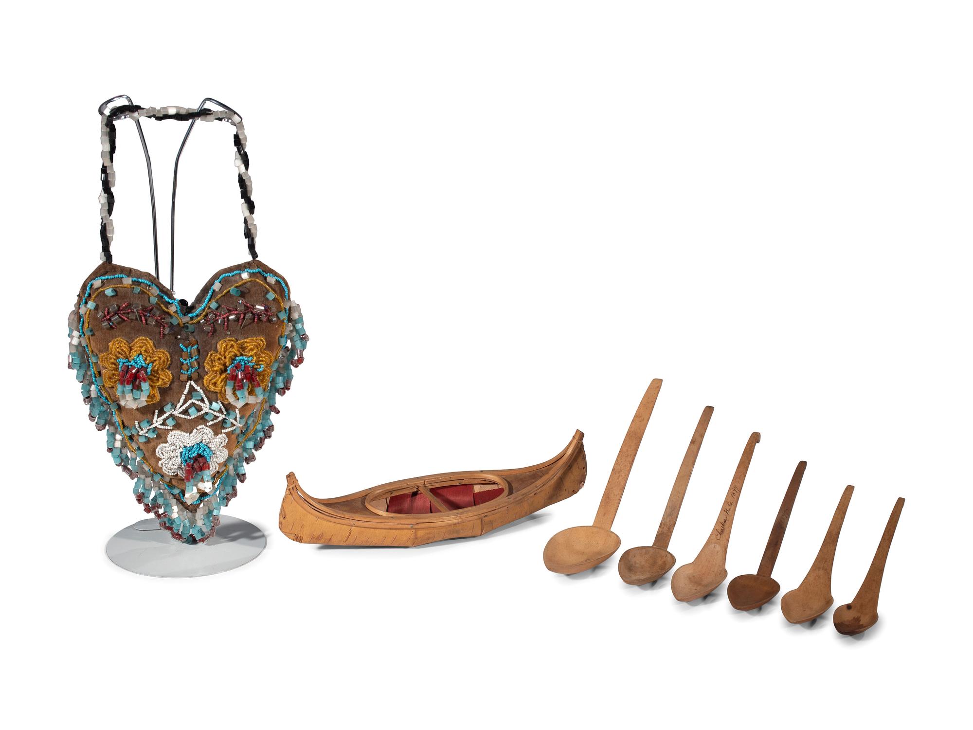 Collection of Cherokee Spoons, Birchbark Canoe, and Whimsey Pin Cushion